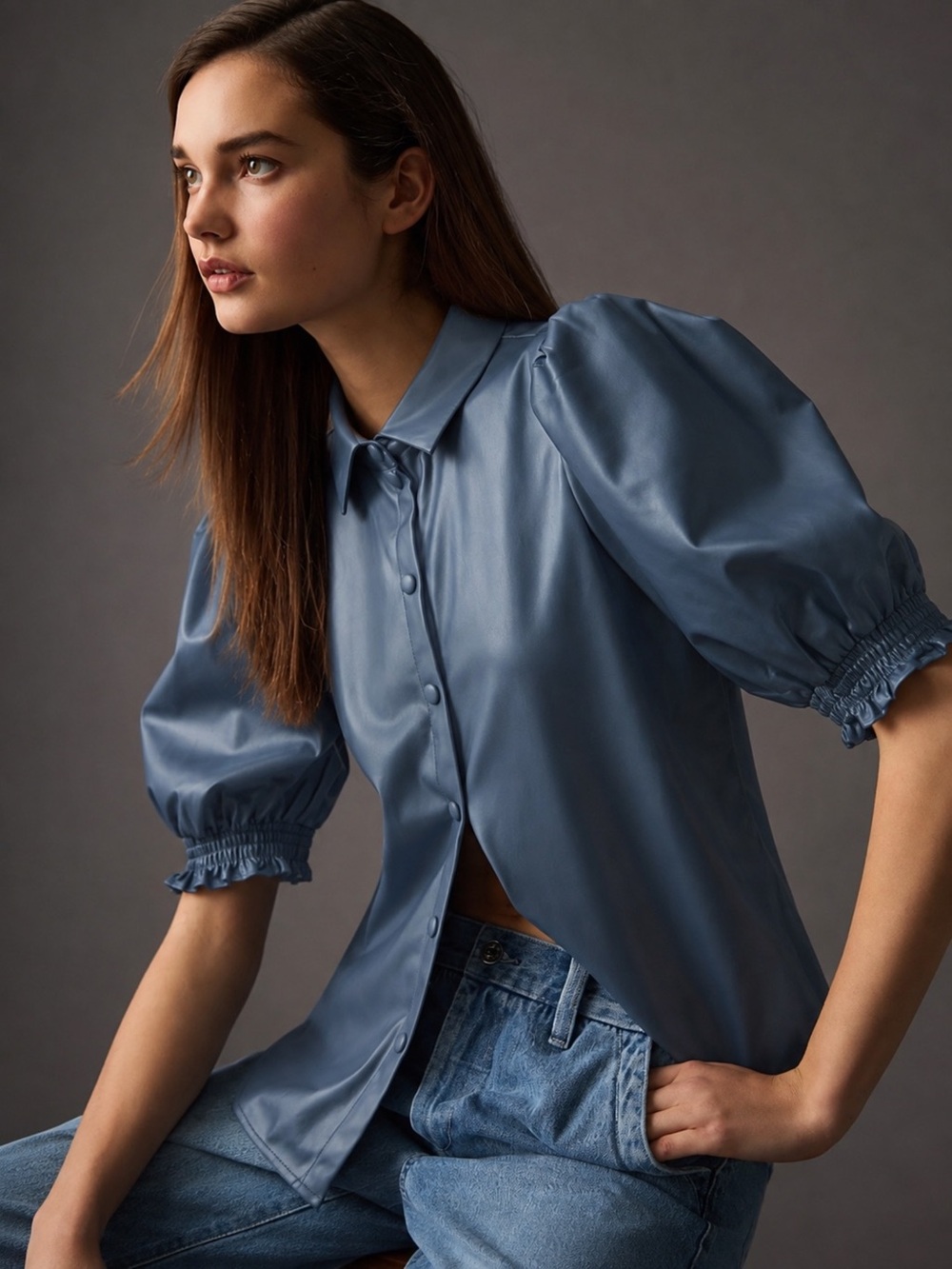 dolan “East Coast” Faux Leather Puff Sleeve Top in slate
